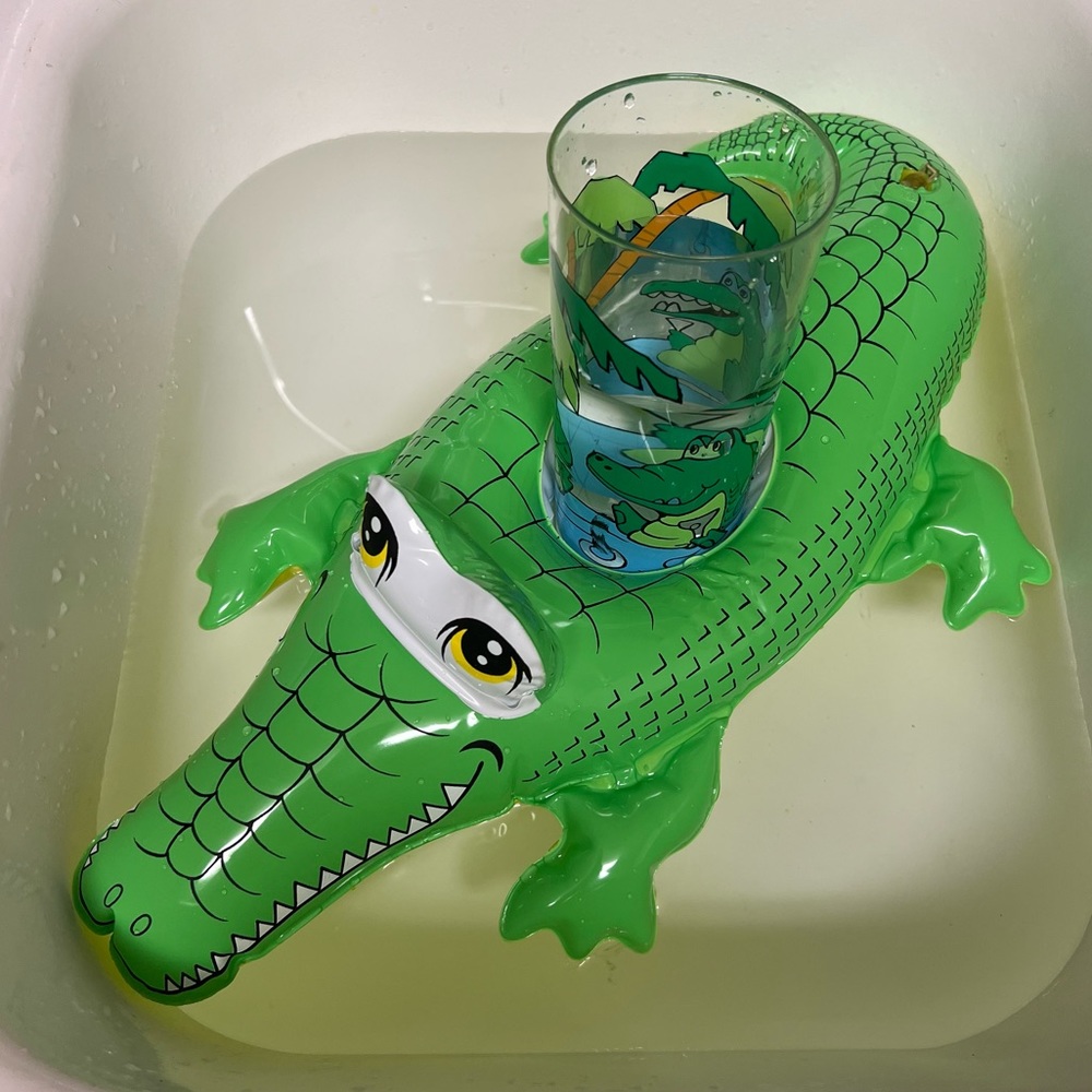 Vintage 1970’s Inflatable Alligator Drinks Caddy, Tumbler Glass, Pool Accessorie